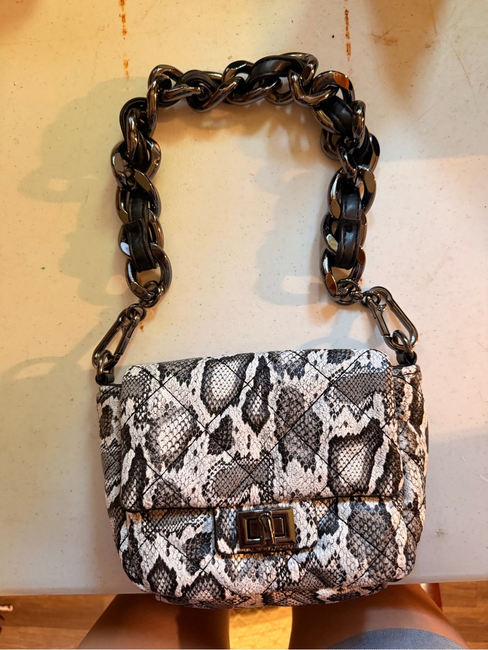 Steve Madden Black & White Snake-Print Quilted Mini Bag with Chunky Chain